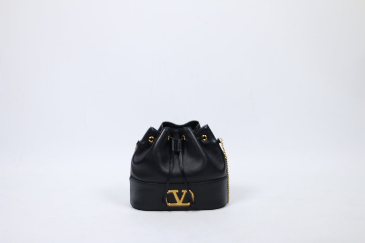 Valentino Black Leather Garavani V Bucket Chain Mini Crossbody Bag XW2P0T83HPF