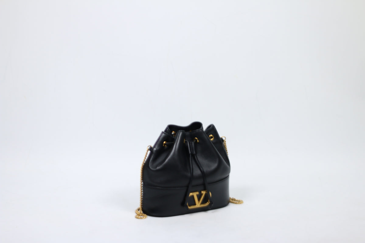 Valentino Black Leather Garavani V Bucket Chain Mini Crossbody Bag XW2P0T83HPF