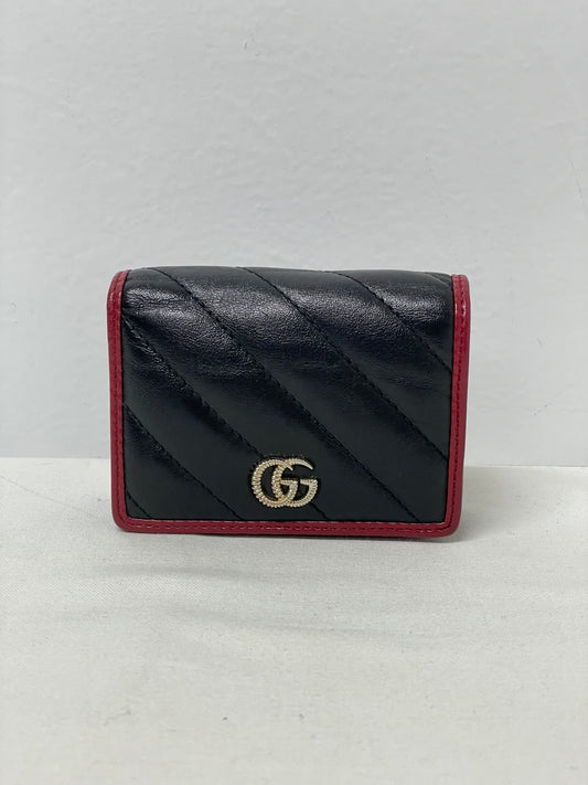 Gucci Black Leather Red Stitch Torchon GG Marmont ONE Bifold Wallet 573811
