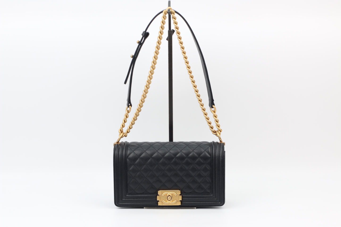 Chanel Black Caviar Skin Boy Chanel Gold Hardware Chain Medium Shoulder Bag A67086 (V380580317P)