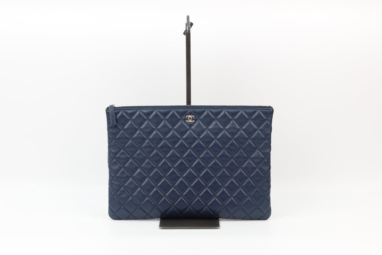 Chanel Navy Lambskin Vintage Silver Hardware Logo Large Clutch Bag A69251 (V03890311P)