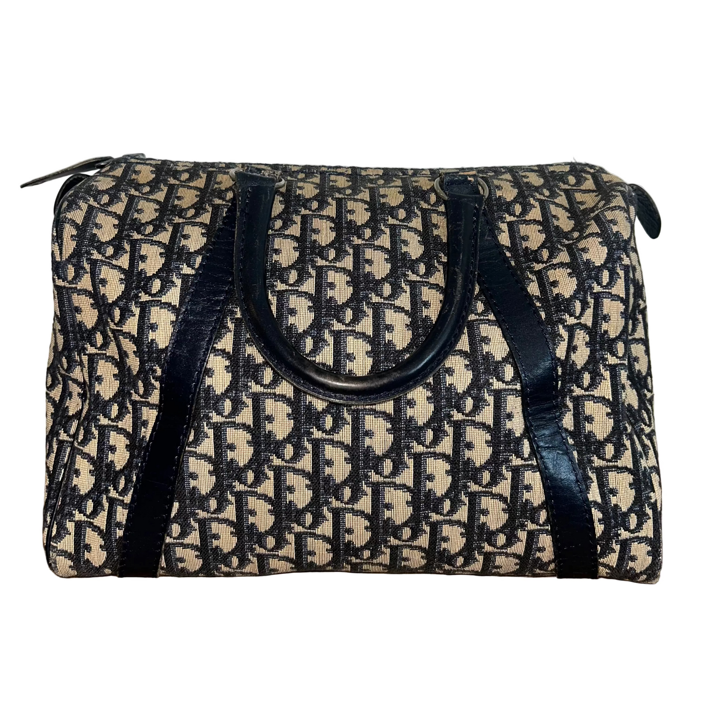 Christian Dior Trotter Canvas Boston Bag Navy Silver Auth SW1935