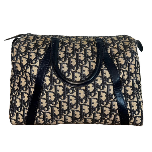 Christian Dior Trotter Canvas Boston Bag Navy Silver Auth SW1935