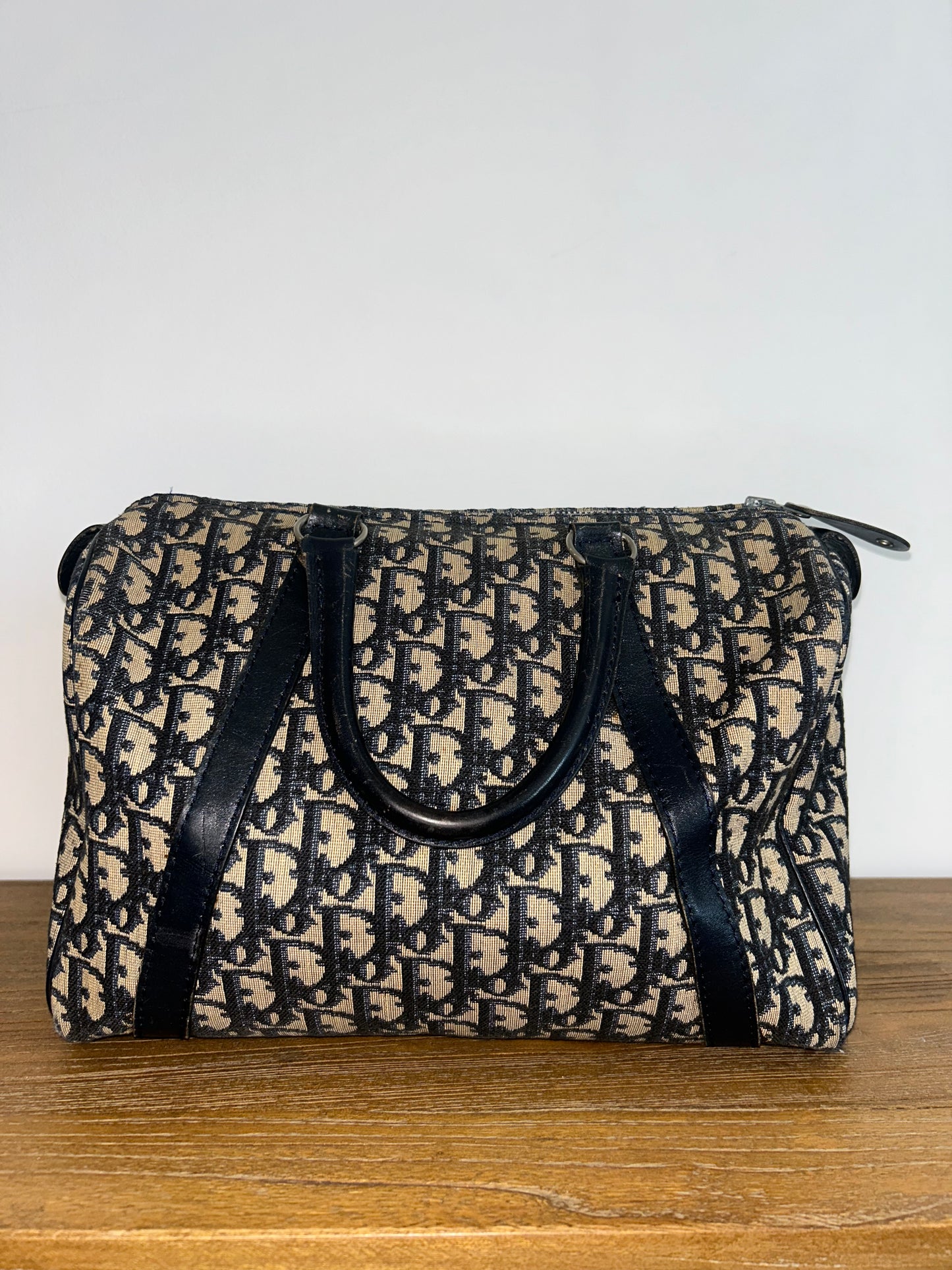 Christian Dior Trotter Canvas Boston Bag Navy Silver Auth SW1935