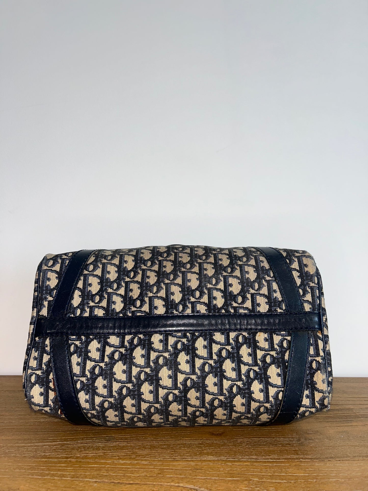 Christian Dior Trotter Canvas Boston Bag Navy Silver Auth SW1935