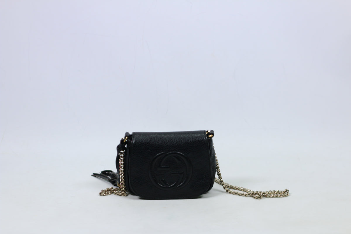 Gucci Black Leather Soho Flap Chain Mini Crossbody Bag 323190
