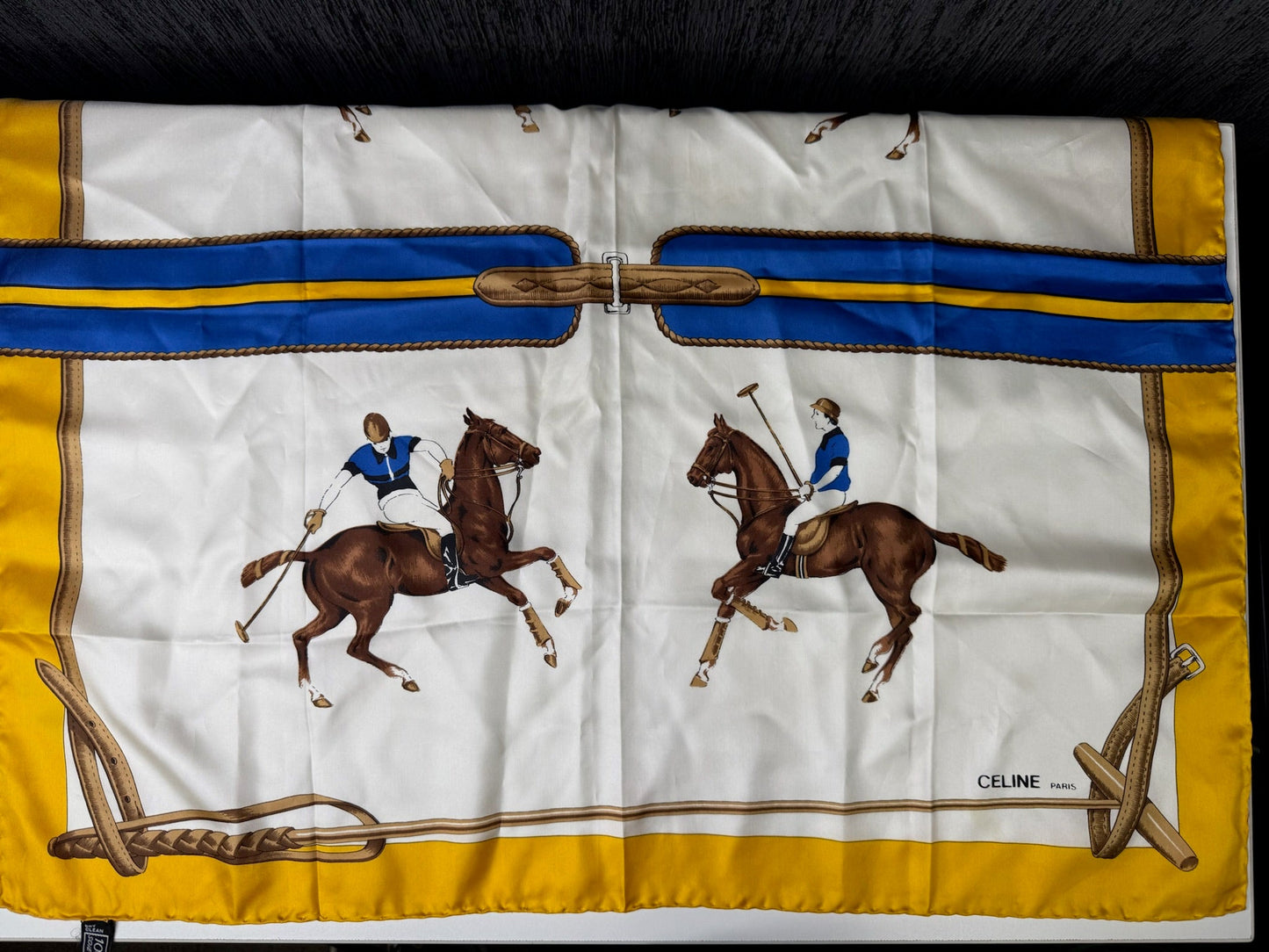 Celine Silk Scarf Featuring a Vibrant Equestrian Polo Scene (JP)