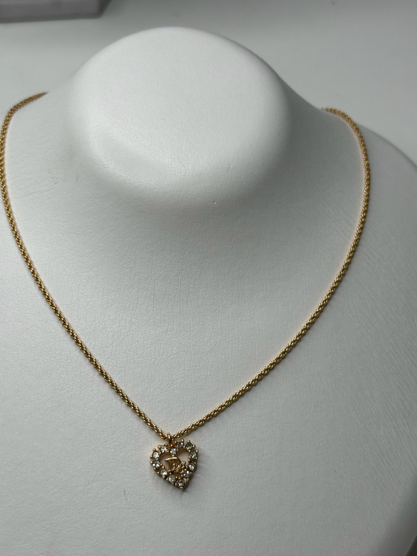 Christian Dior Gold-Plated Rhinestone Logo Heart Pendant Necklace (JP)