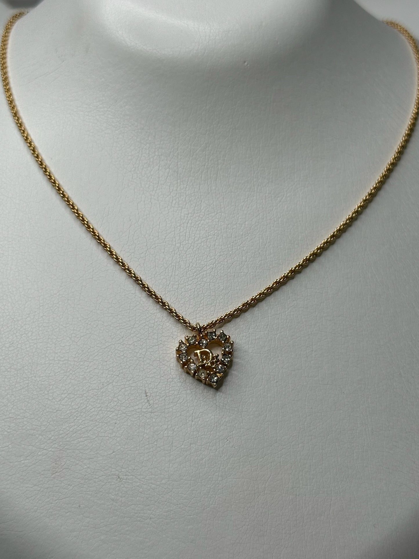 Christian Dior Gold-Plated Rhinestone Logo Heart Pendant Necklace (JP)
