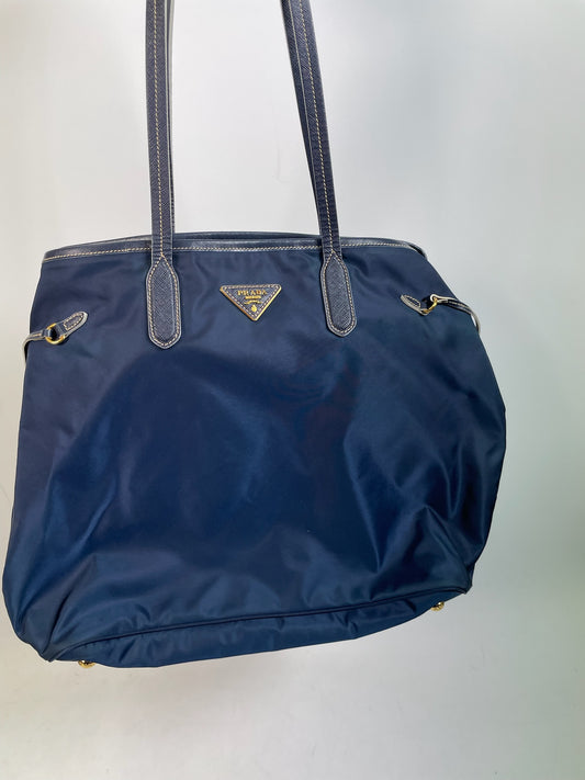 M0707-76 Prada Tessuto Nylon Tote in Blue with Saffiano Leather Trim