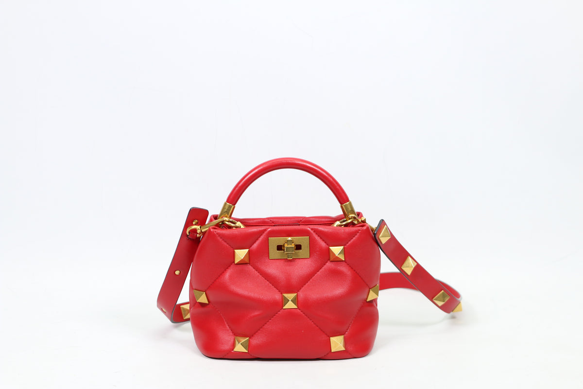 Valentino Red Leather Roman Gold-Tone Stud Top Handle Small Shoulder Bag XW2B0I97BSF