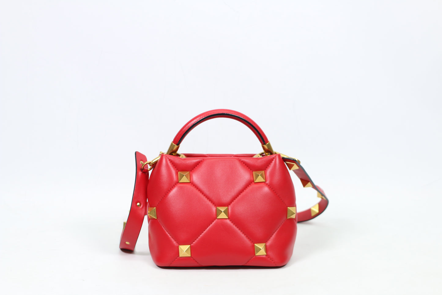 Valentino Red Leather Roman Gold-Tone Stud Top Handle Small Shoulder Bag XW2B0I97BSF