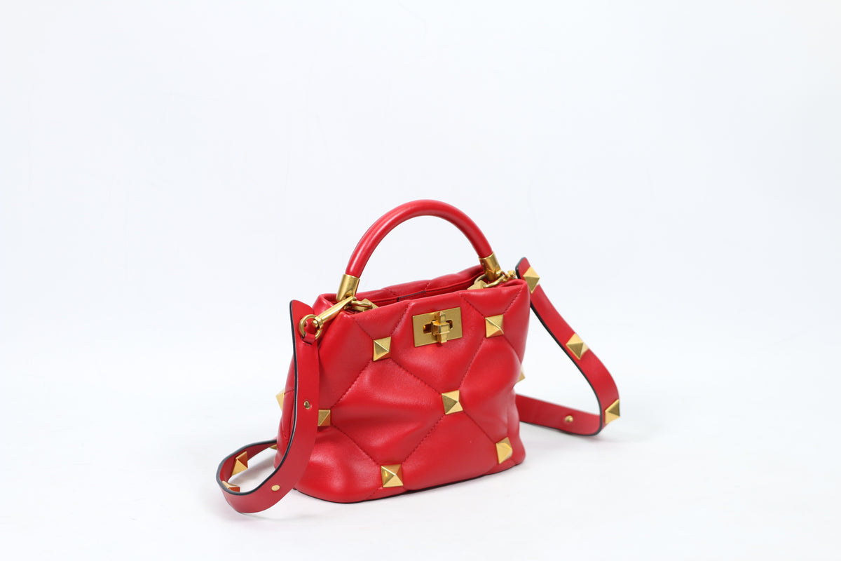 Valentino Red Leather Roman Gold-Tone Stud Top Handle Small Shoulder Bag XW2B0I97BSF
