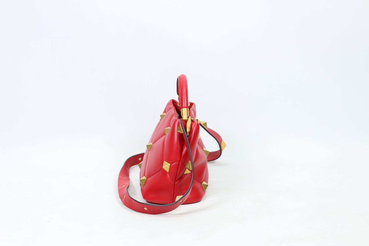 Valentino Red Leather Roman Gold-Tone Stud Top Handle Small Shoulder Bag XW2B0I97BSF