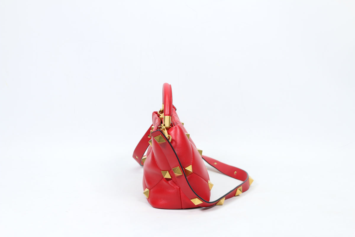 Valentino Red Leather Roman Gold-Tone Stud Top Handle Small Shoulder Bag XW2B0I97BSF