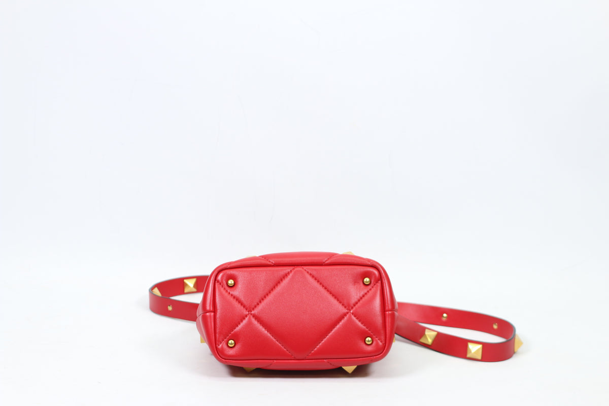Valentino Red Leather Roman Gold-Tone Stud Top Handle Small Shoulder Bag XW2B0I97BSF
