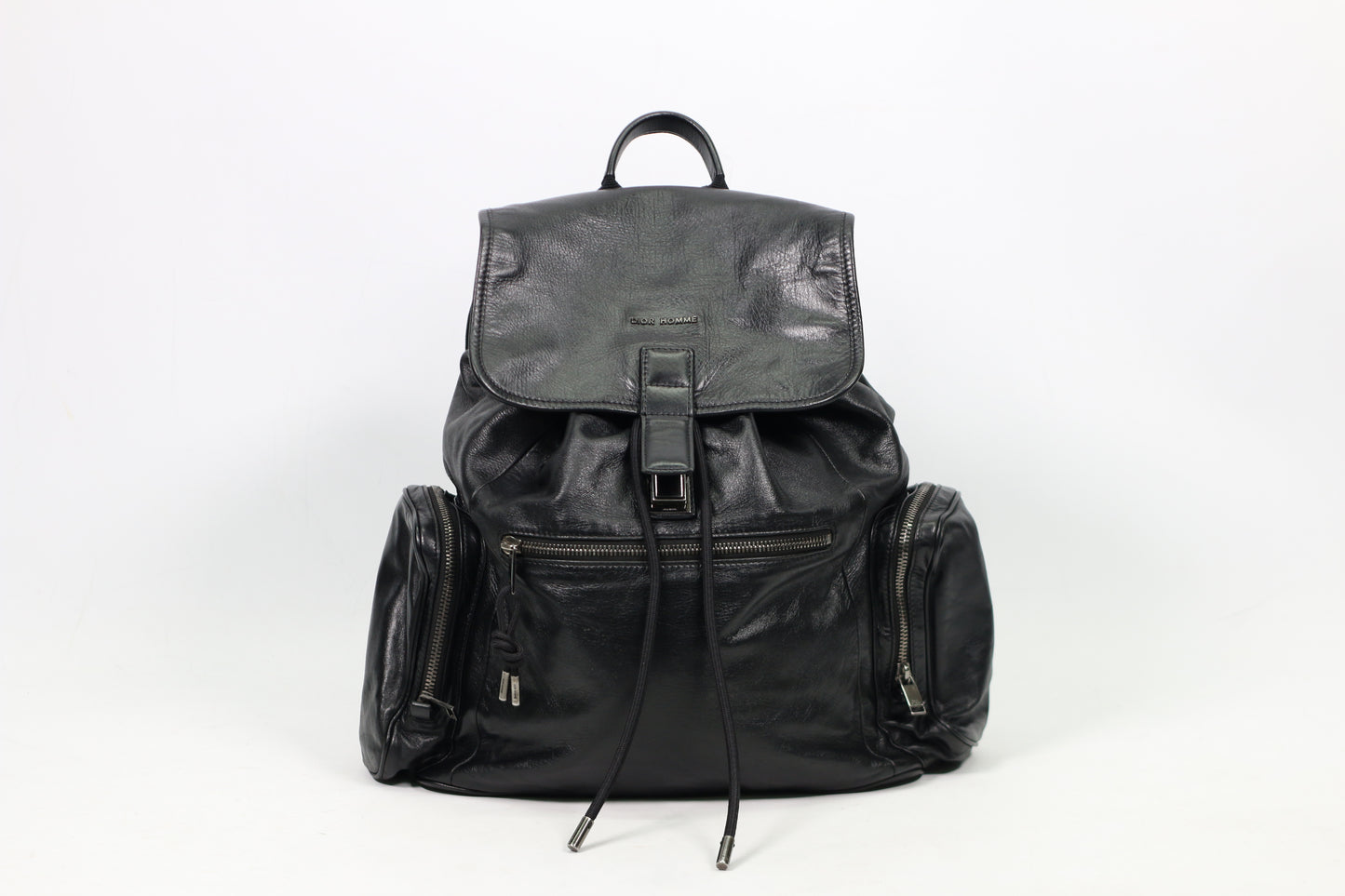Dior Black Leather Homme Side Zip Pocket Flap ONE Backpack 05-BO-0196