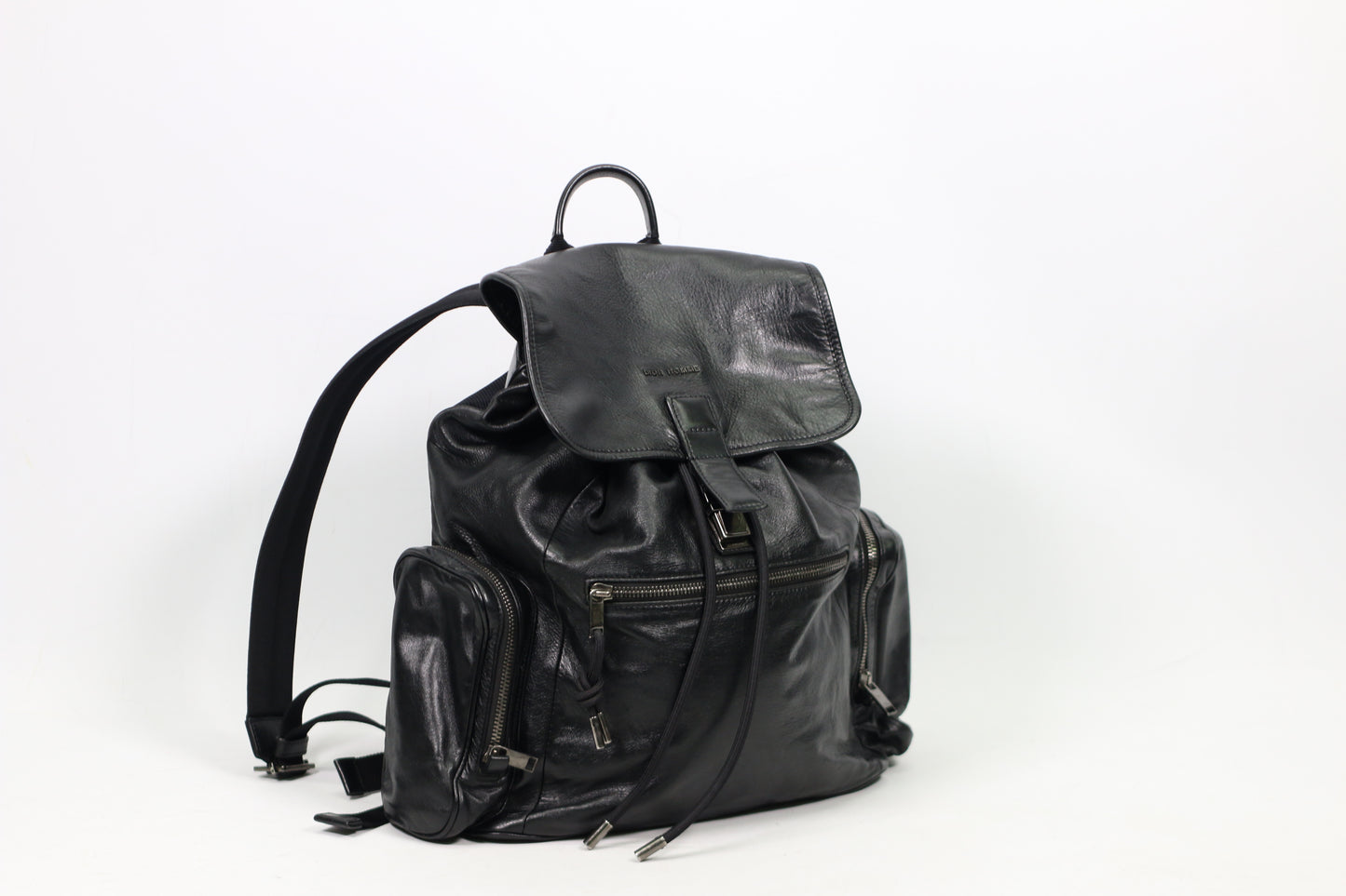Dior Black Leather Homme Side Zip Pocket Flap ONE Backpack 05-BO-0196