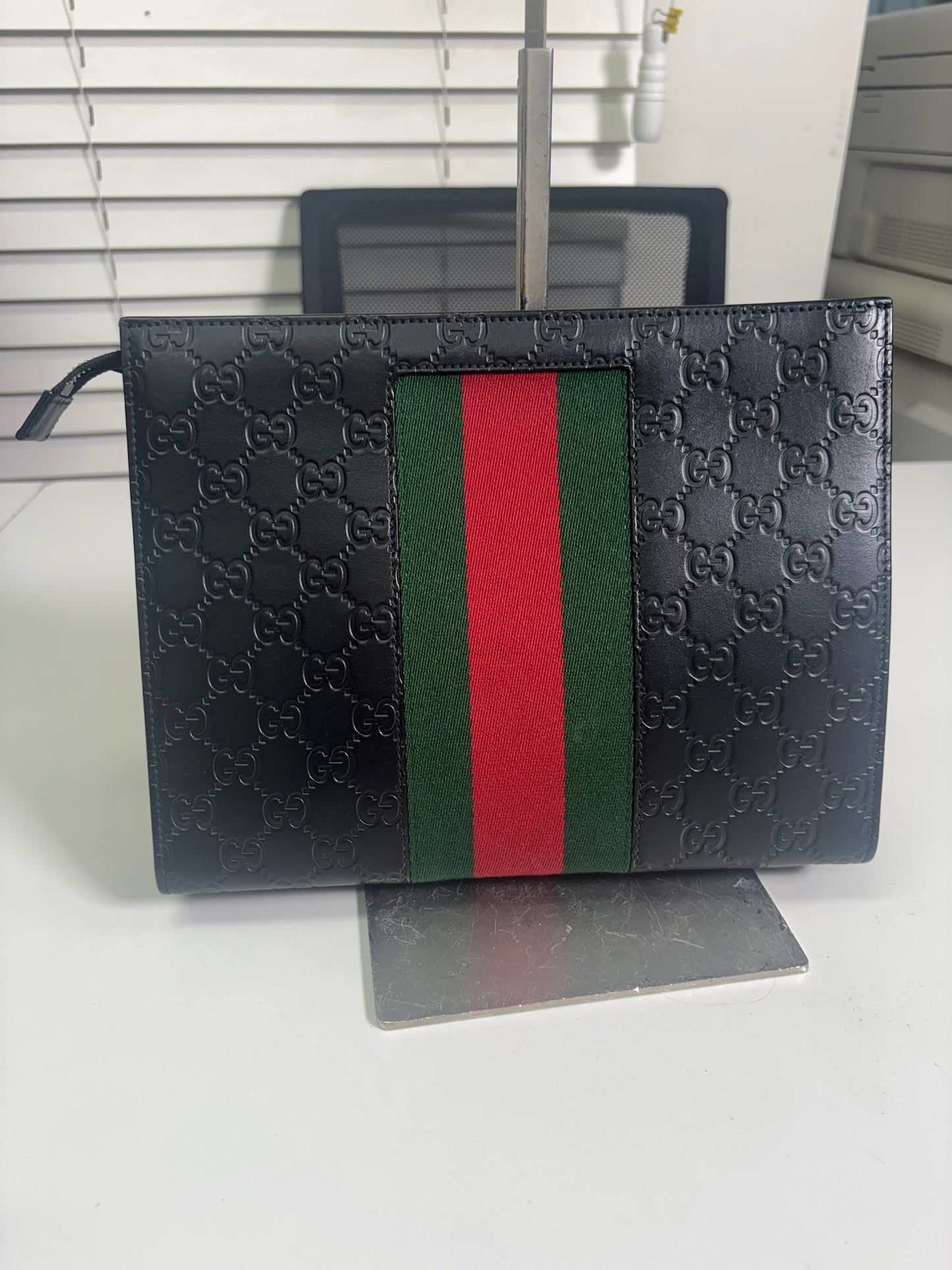 Gucci Black Cima Leather Web Stripe ONE Clutch 475316 (B72151031PD)