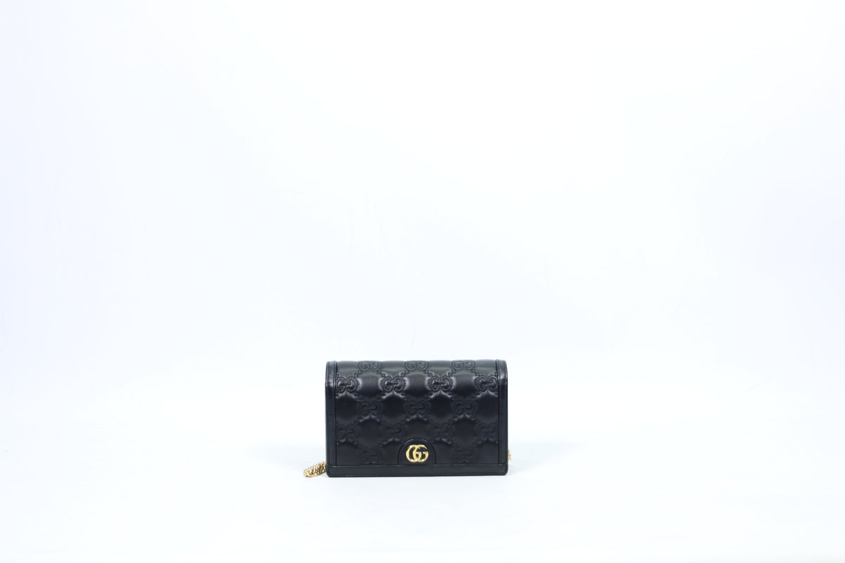 Gucci Black Leather GG Chain Wallet ONE Crossbody Bag 723787