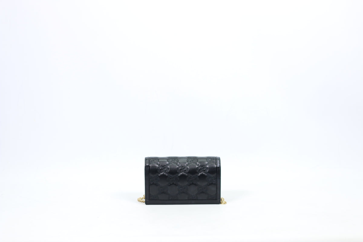 Gucci Black Leather GG Chain Wallet ONE Crossbody Bag 723787