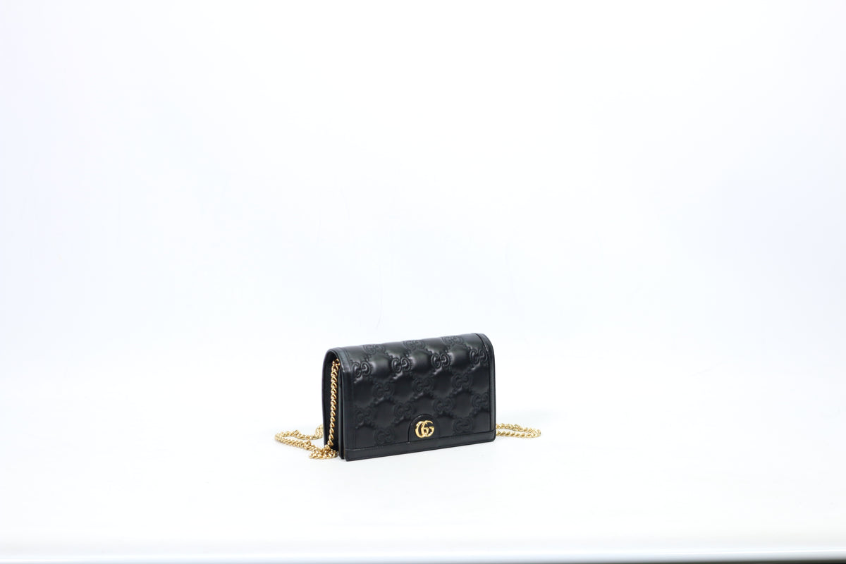 Gucci Black Leather GG Chain Wallet ONE Crossbody Bag 723787