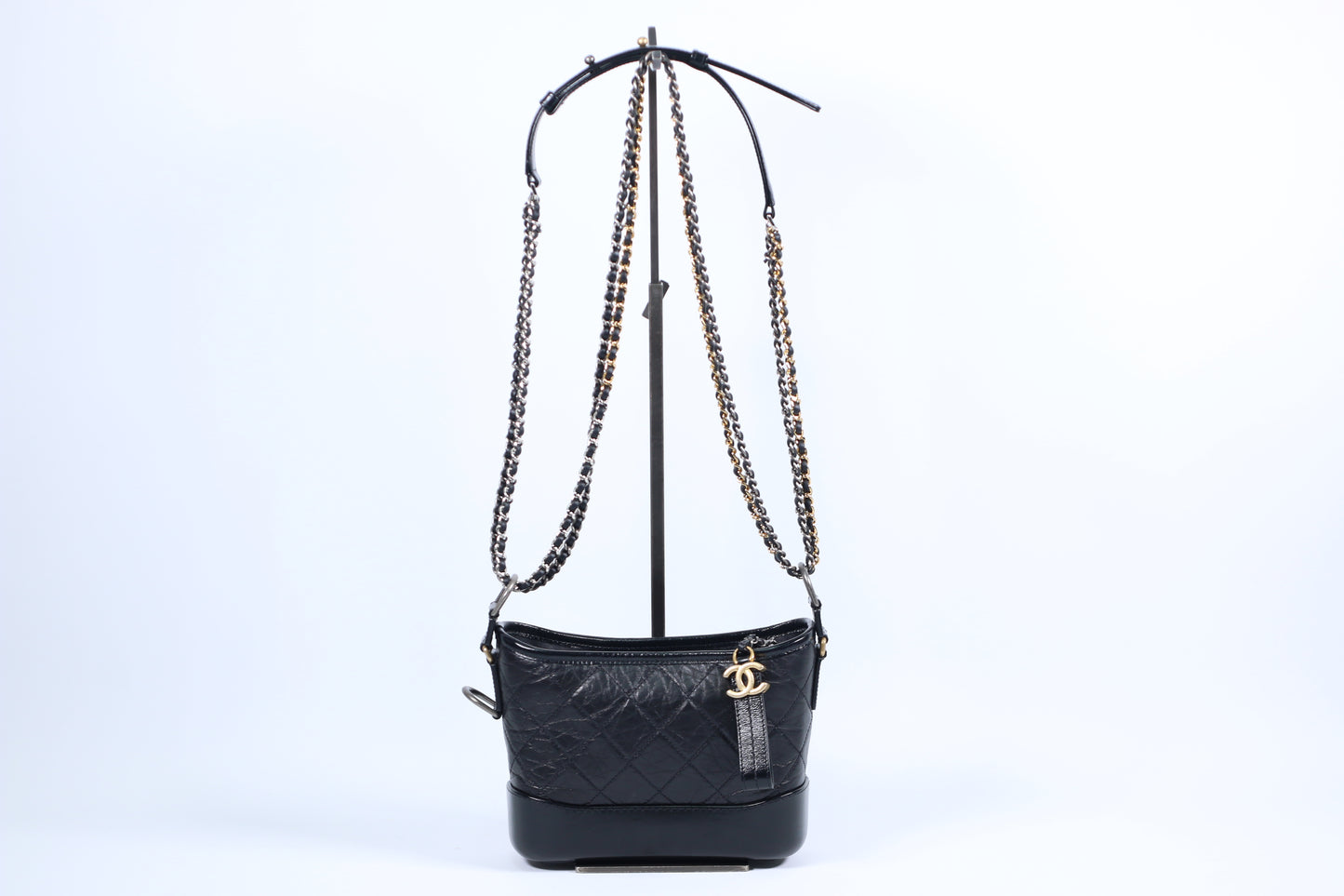 Chanel Black Leather Gabrielle Calfskin Hobo Double Chain Small Shoulder Convertible Crossbody Bag A91810 (V380500414H)