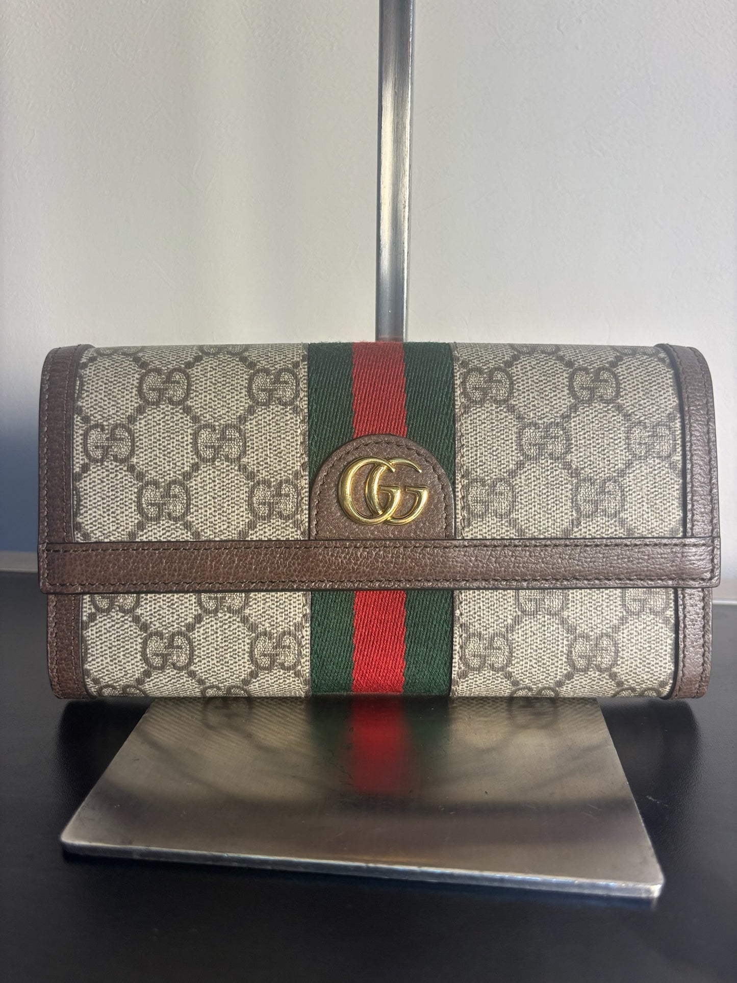 Gucci Brown PVC Supreme Canvas Stripe Ophidia One Wallet 523155 (V7210416H)