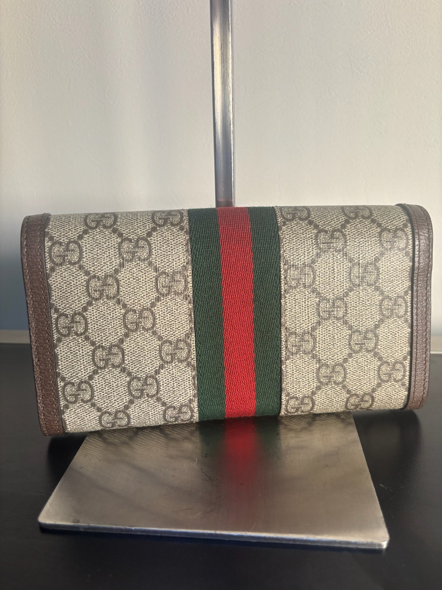 Gucci Brown PVC Supreme Canvas Stripe Ophidia One Wallet 523155 (V7210416H)