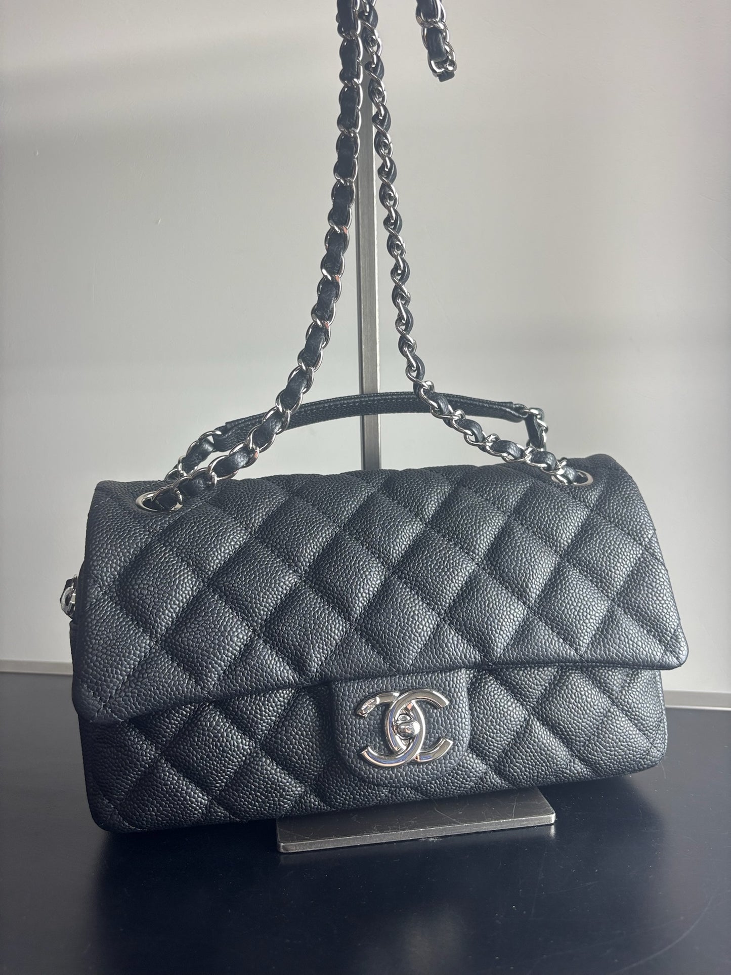 Chanel Classic Handbag in black caviar leather with silver-tone hardware