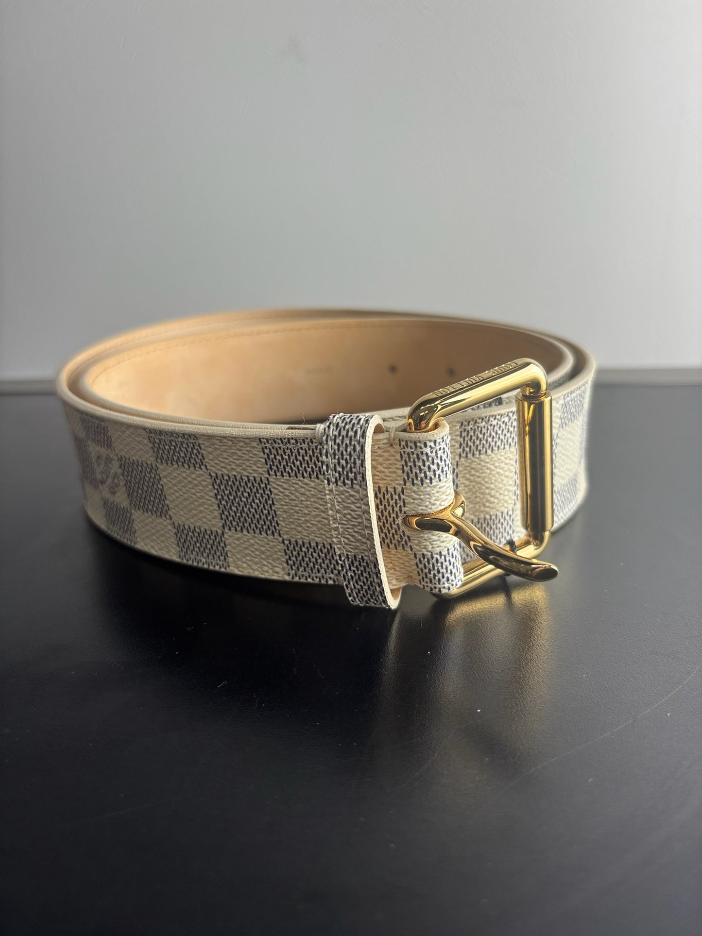 Louis Vuitton Damier Azur Canvas belt with a gold-tone buckle
