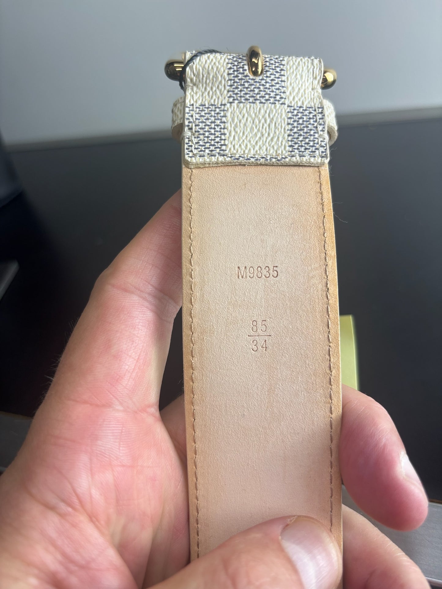 Louis Vuitton Damier Azur Canvas belt with a gold-tone buckle