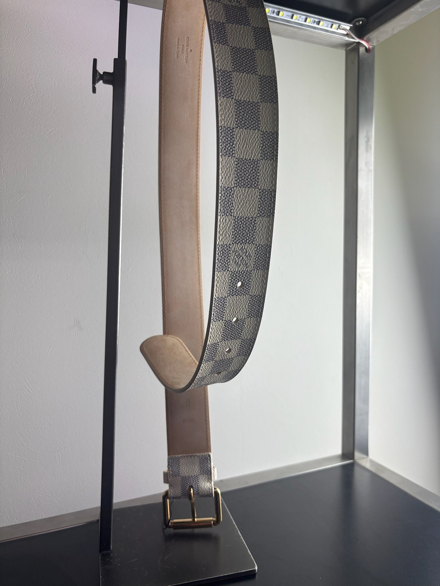 Louis Vuitton Damier Azur Canvas belt with a gold-tone buckle