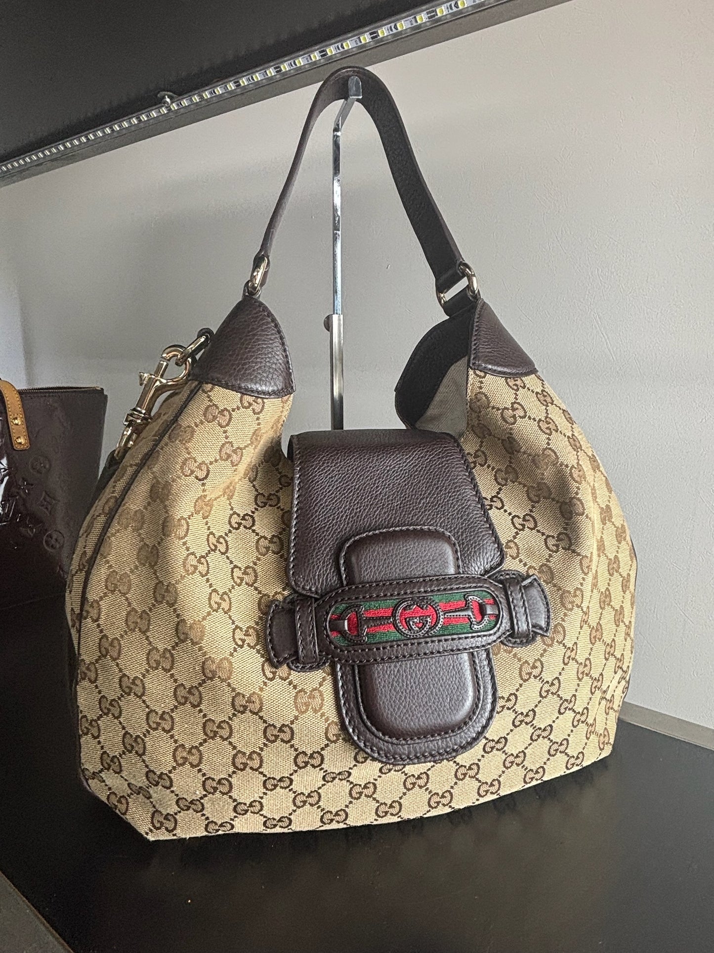 Gucci GG Canvas Dressage Hobo bag in beige with brown leather trim