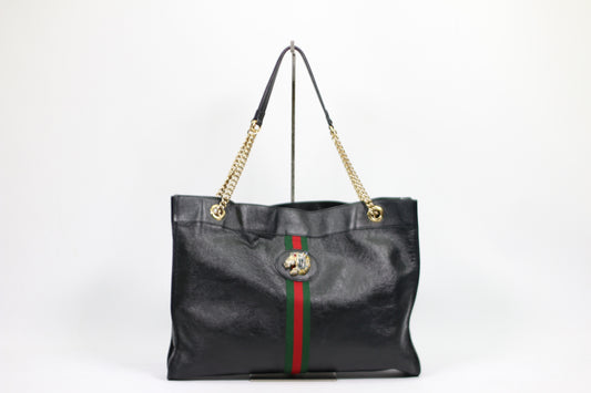 Gucci Black Leather Tiger Head Rajah Web Chain ONE Shoulder Bag 537219