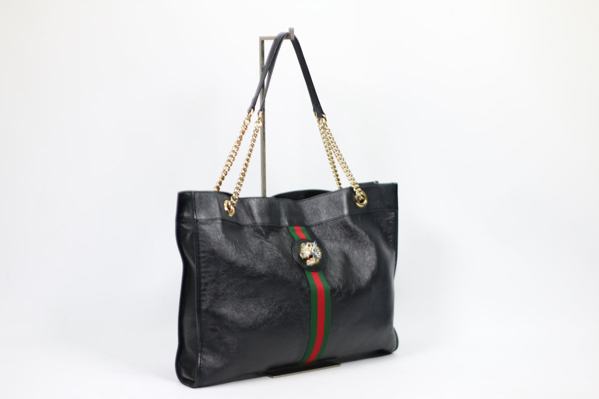 Gucci Black Leather Tiger Head Rajah Web Chain ONE Shoulder Bag 537219