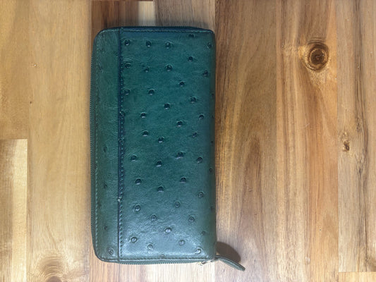 Green Ostrich Leather Zip-Around Wallet