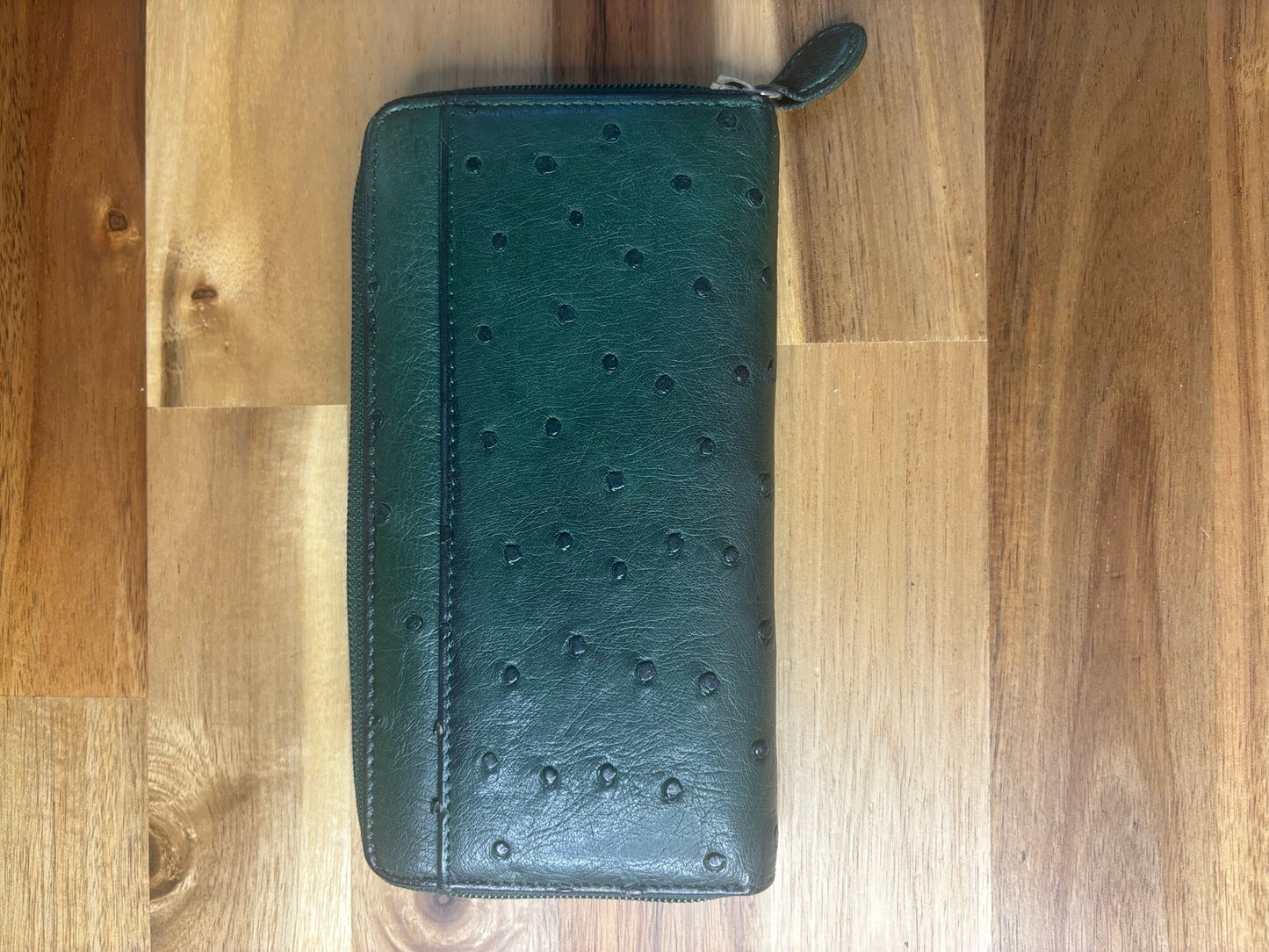 Green Ostrich Leather Zip-Around Wallet