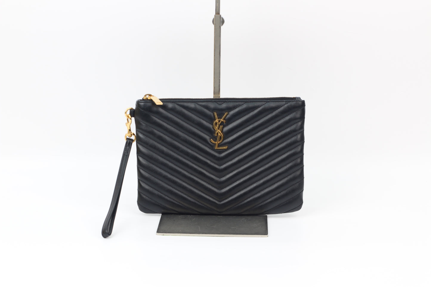 Saint Laurent Black Leather Quilted Silver Hardware Monogram Small Pouch 379039 (V2515121H)