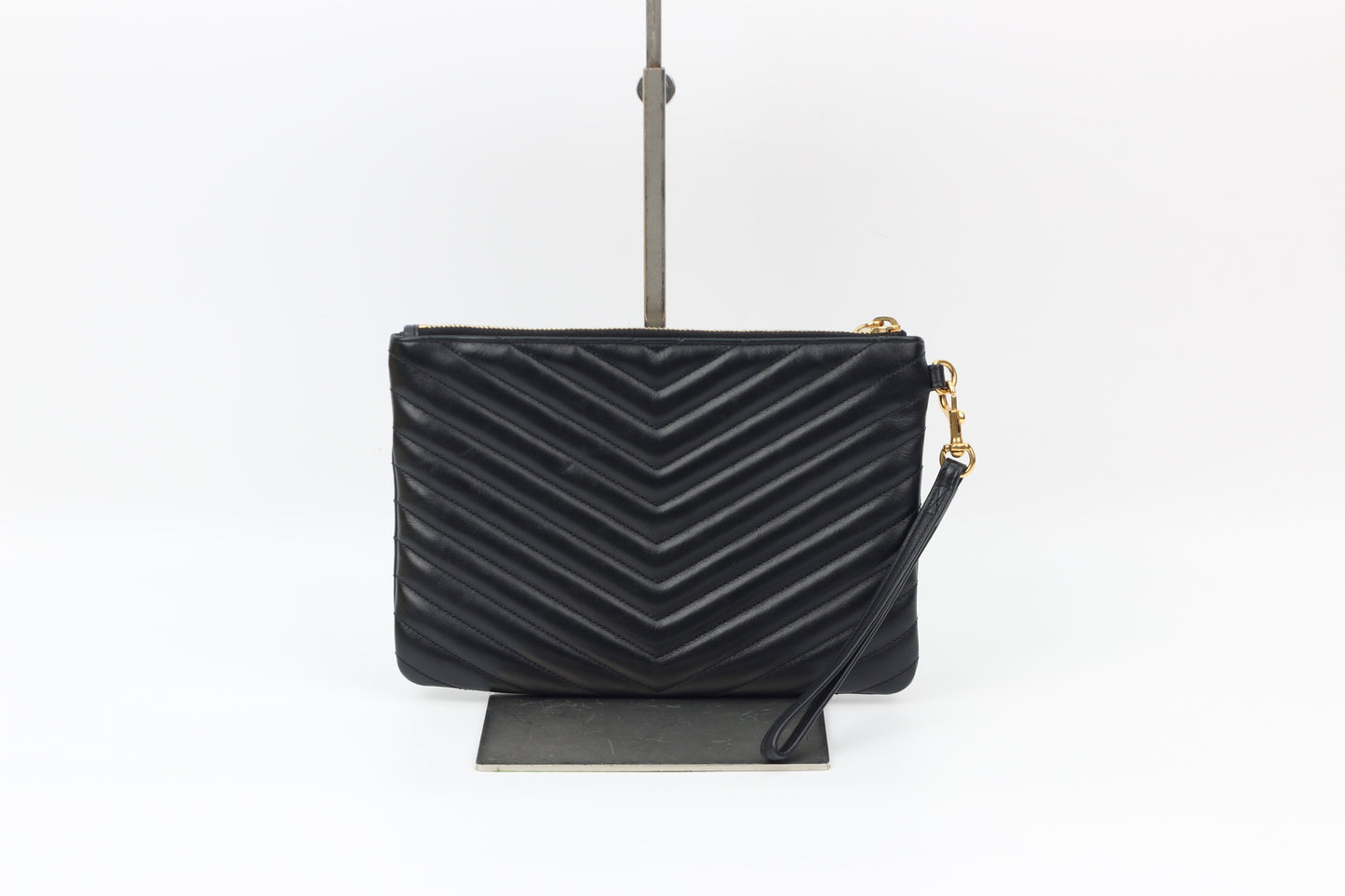 Saint Laurent Black Leather Quilted Silver Hardware Monogram Small Pouch 379039 (V2515121H)