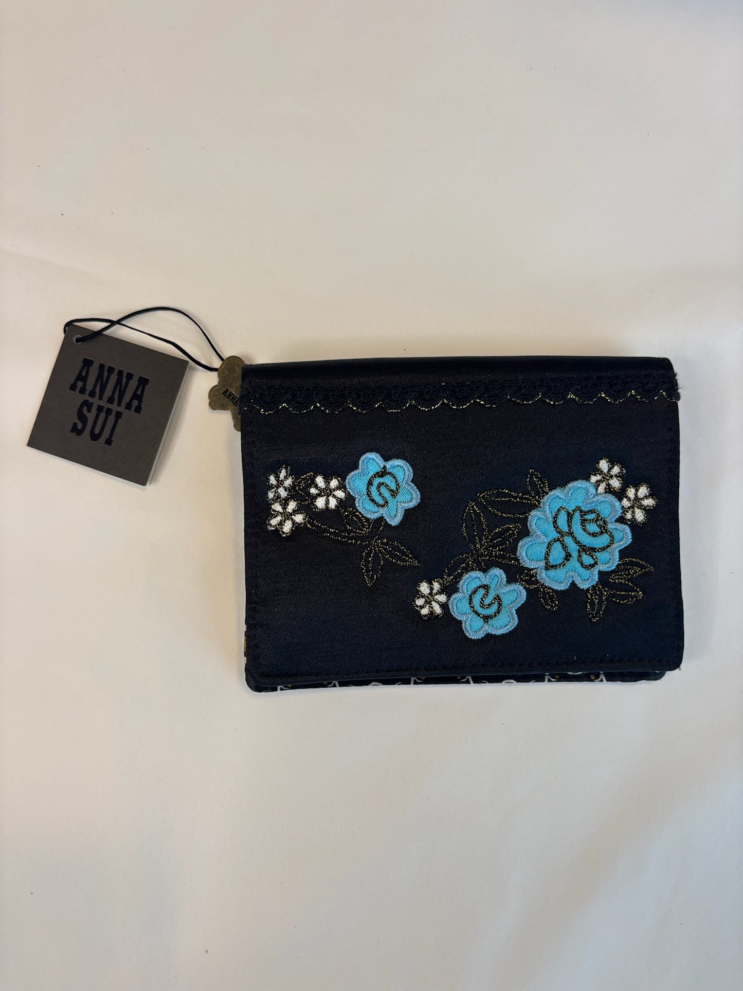Anna Sui Black Floral Embroidered Cosmetic Pouch