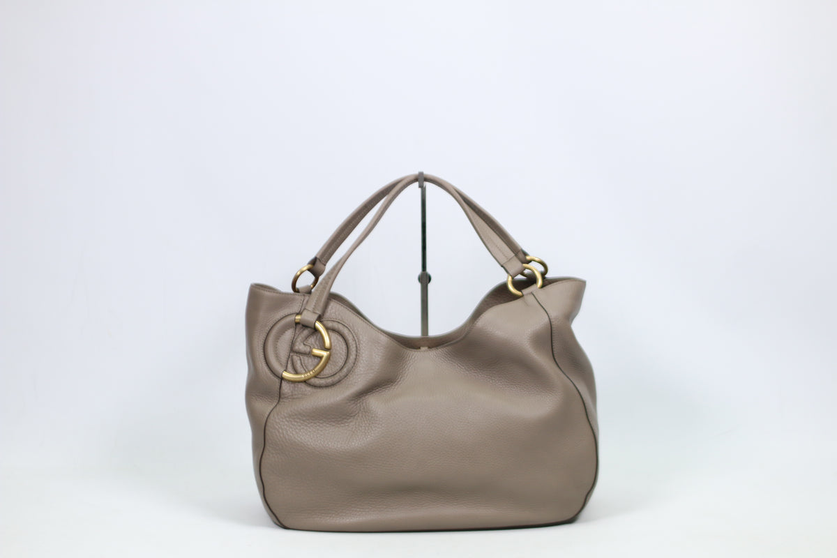 Gucci Gray Leather Woven Gold-Tone GG ONE Shoulder Bag 309531