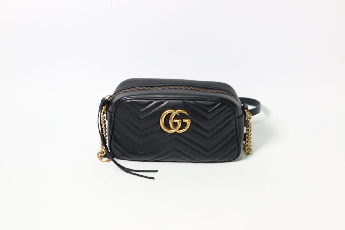 Gucci Black Leather GG Marmont Small Matelasse Chain Crossbody Bag 447632