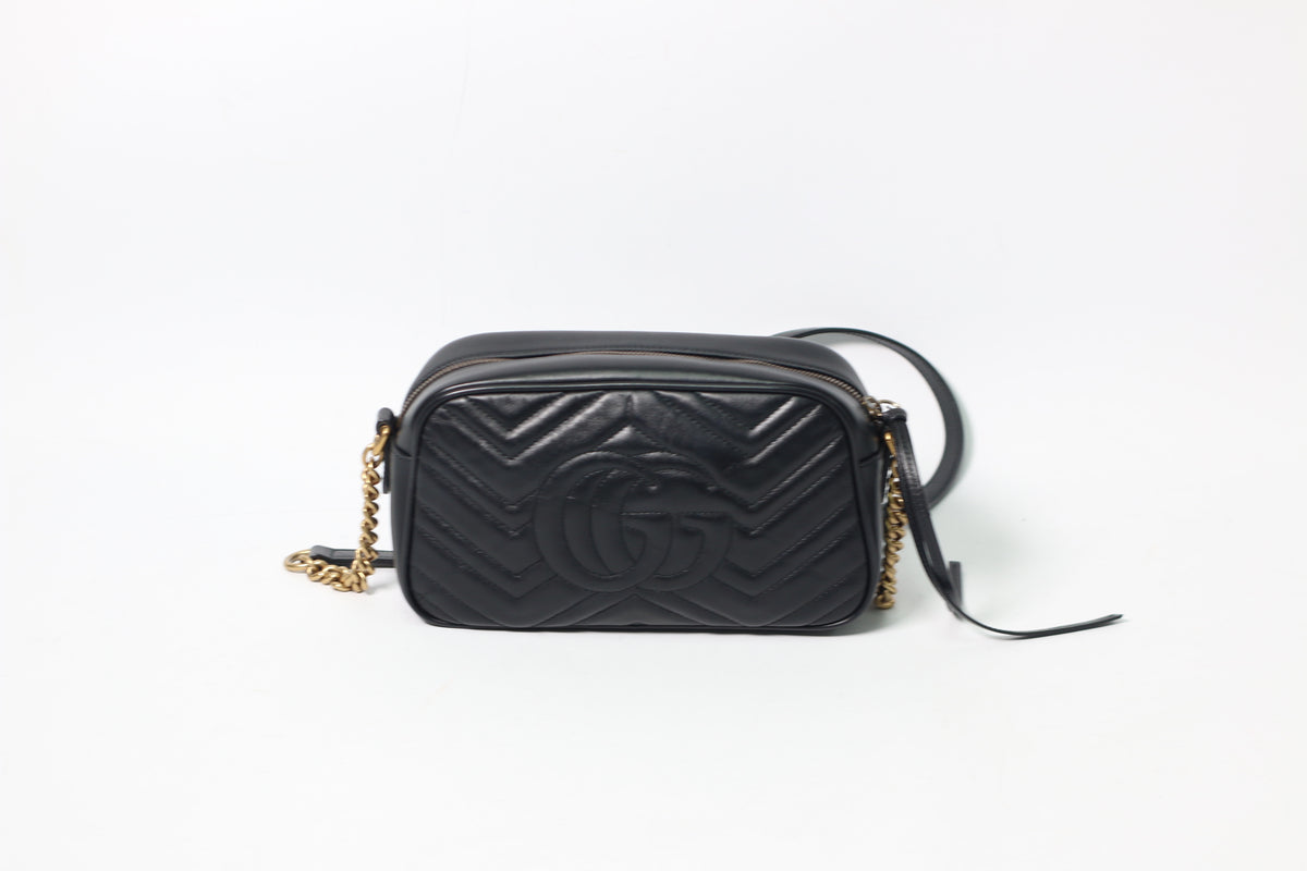 Gucci Black Leather GG Marmont Small Matelasse Chain Crossbody Bag 447632