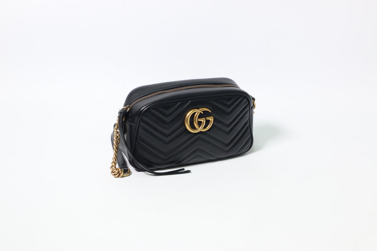 Gucci Black Leather GG Marmont Small Matelasse Chain Crossbody Bag 447632