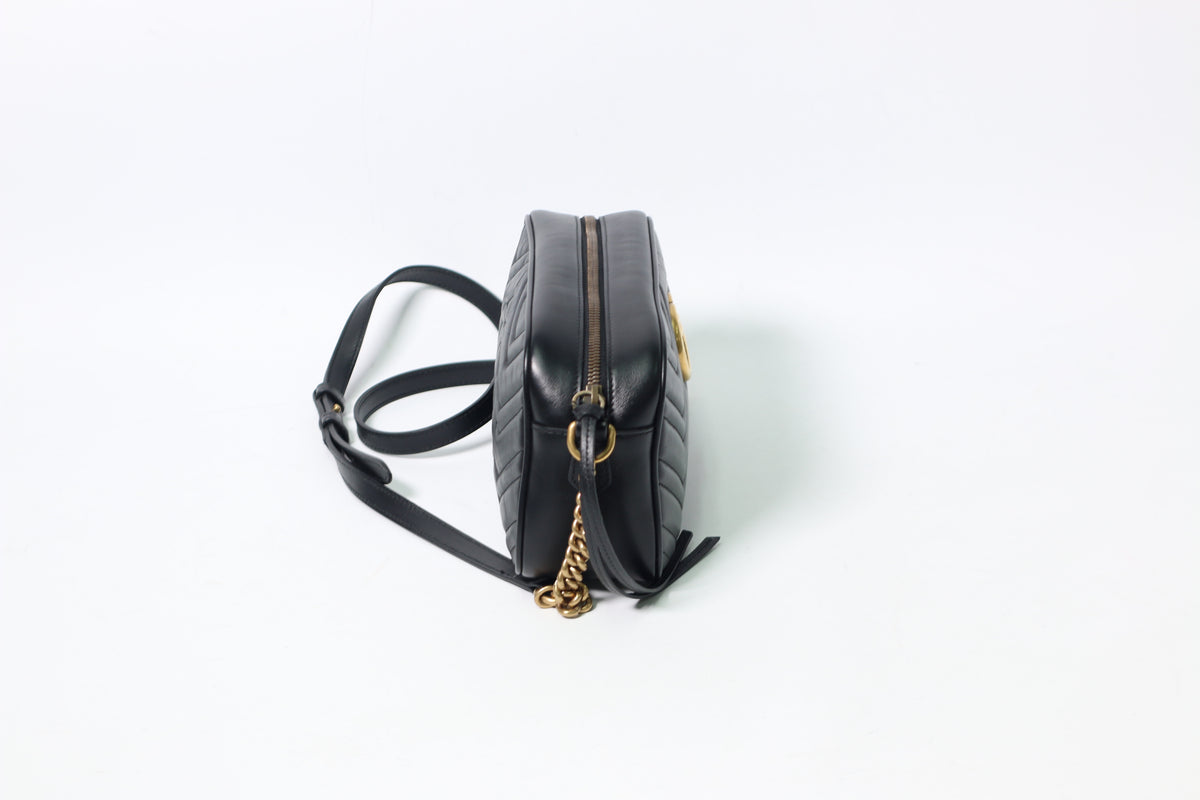 Gucci Black Leather GG Marmont Small Matelasse Chain Crossbody Bag 447632