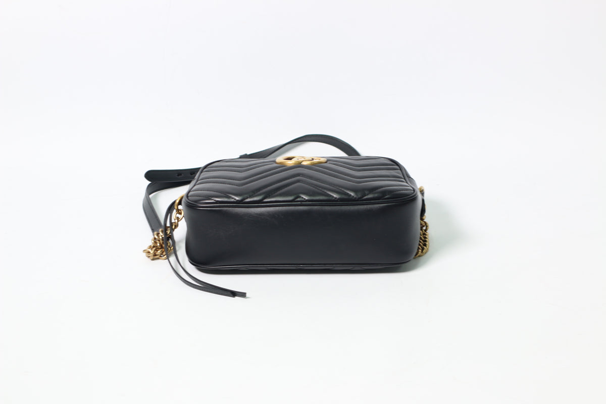 Gucci Black Leather GG Marmont Small Matelasse Chain Crossbody Bag 447632