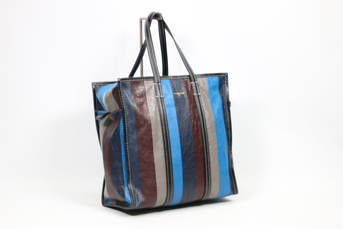 Balenciaga Blue Multi Leather Bazar Stripe Shopper Medium Tote Bag 480792