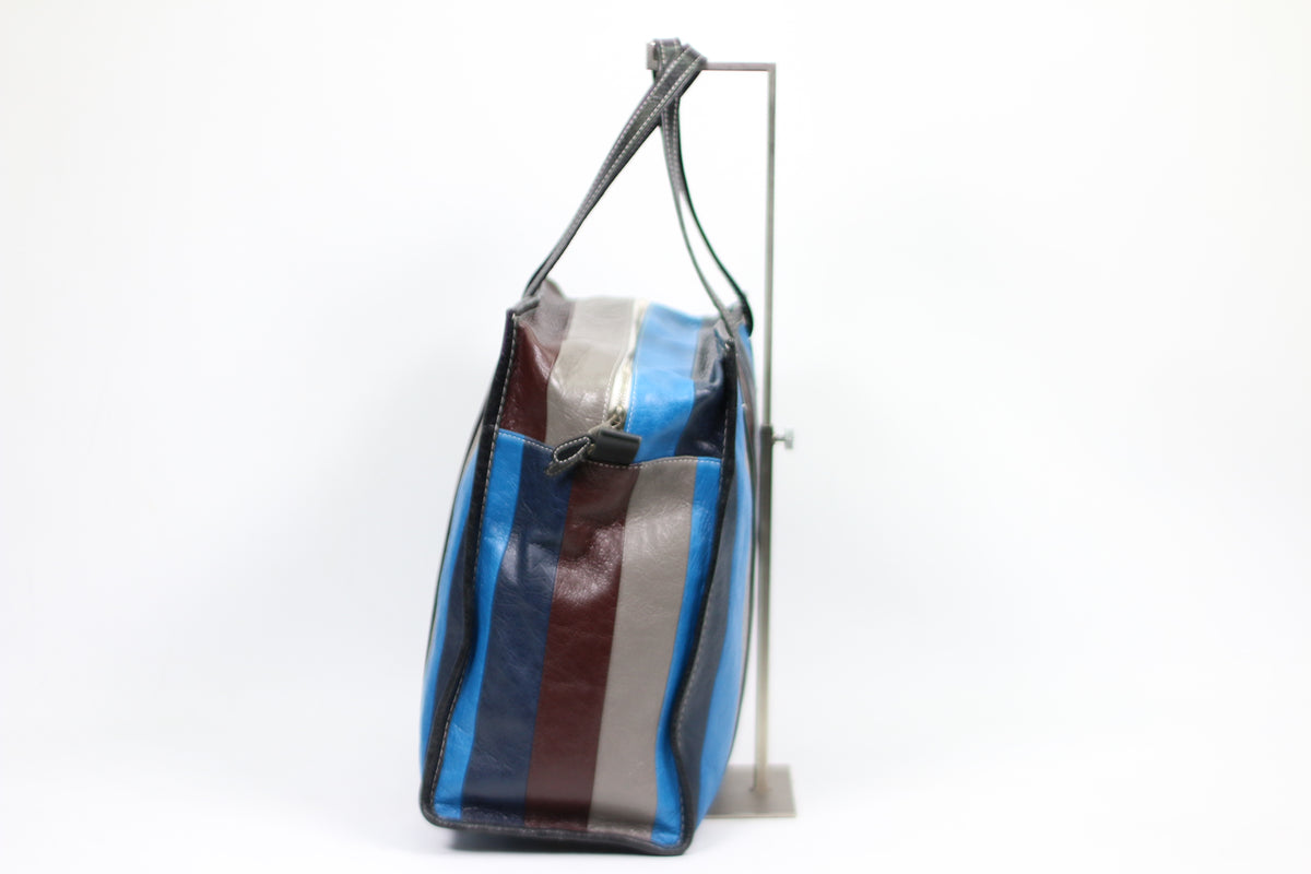 Balenciaga Blue Multi Leather Bazar Stripe Shopper Medium Tote Bag 480792
