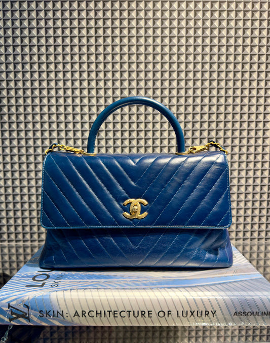 Chanel Blue Chevron Quilted Leather and Lizard Medium Coco Top Handle Bag